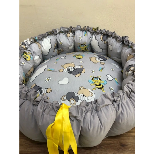 GRİ-AYICIK DESENLİ BEBEK YATAĞI , OYUN MİNDERİ