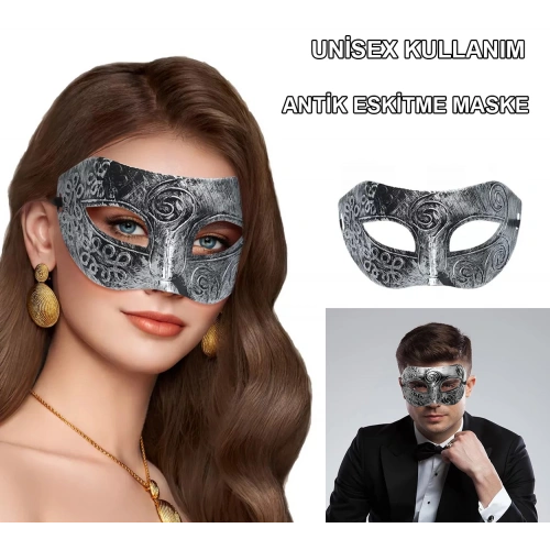 Gümüş Eskitme Yüz Maskesi - Antik Tarz Balo Maskesi (5365)