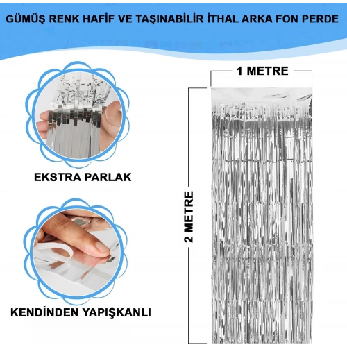 Gümüş Renk Ekstra Metalize Parlak Saçaklı Arka Fon Perde İthal A Kalite 1x2 Metre (5365)