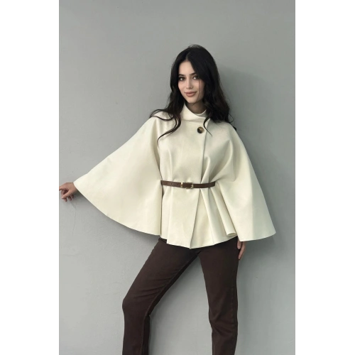 HAKİM YAKA KEMER DETAYLI KAŞE PANÇO