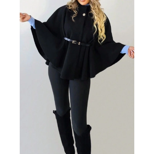 HAKİM YAKA KEMER DETAYLI siyah kemer secenekli KAŞE PANÇO kahve rengi kemer