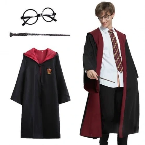 Harry Potter Gryffindor Kapişonlu Çocuk Kostüm + Asa + Gözlük Seti 5-6 Yaş (5365)