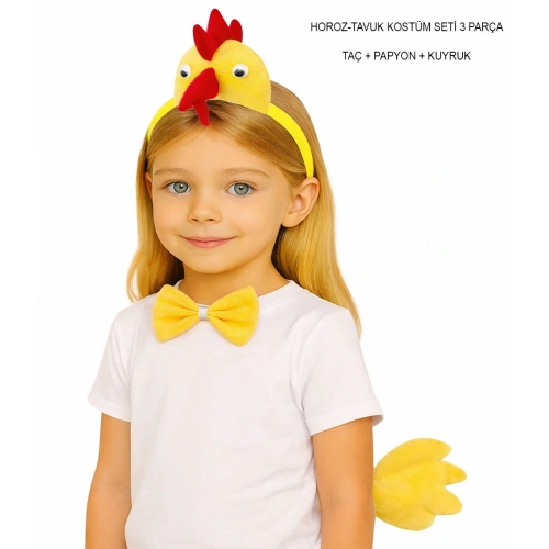 Horoz – Tavuk Kostüm Aksesuar Seti - Taç Papyon Kuyruk (5365)