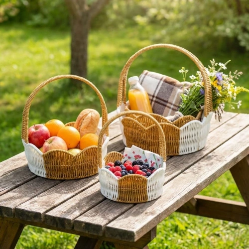 İç İçe Geçebilen 3’lü Çift Renkli Yuvarlak Dalgalı Formlu Saplı Plastik Rattan Sepet Seti – Hasır Görünümlü Çok Amaçlı Organizerler (5365)