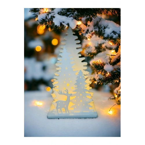 Işıklı Beyaz Yılbaşı Ağacı Geyikli Pleksi Masa Dekorasyonu Noel Süsü 20 Cm