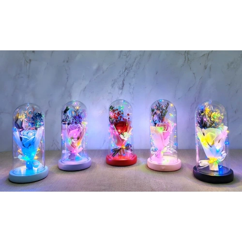 Işıklı Müzikli Cam Fanus İçinde Lavantalı Romantik Gül