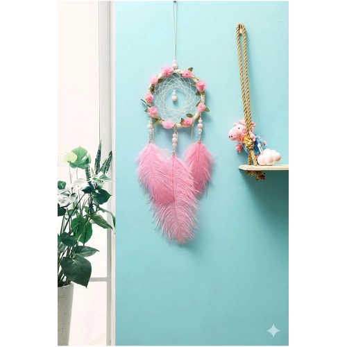 Işıklı Pembe Gül Detaylı El Yapımı Rüya Kapanı - Romantik Duvar Süsü & Hediyelik Düş Kapanı