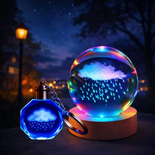 Işıklı Yağmur Bulutu Tasarımlı Cam Küre Ve Kristal Anahtarlık Hediye Seti