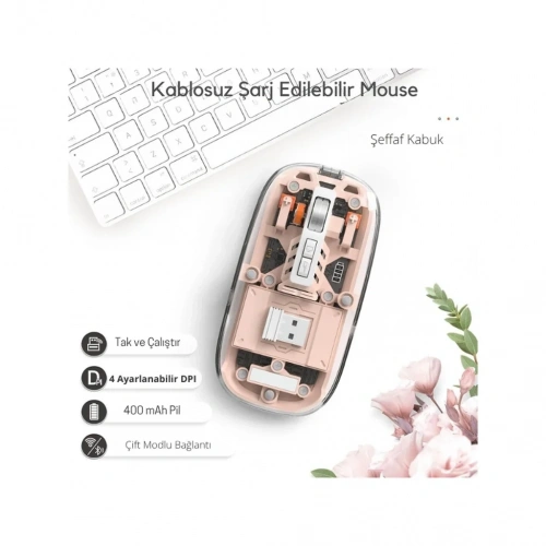 Kablosuz Pembe Mouse 501 Bt+ Ergonomik Tasarım