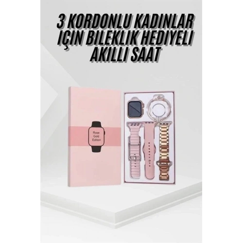 Kadın Akıllı Saat Rose Gold 3 Kordon İle Hediye