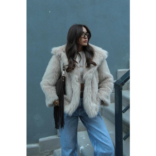 Kadın Bej Premium Suni Kürk Ceket