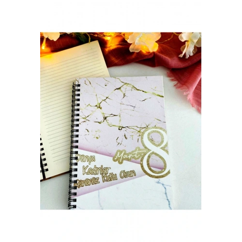 Kadınlar Günü Pembe Gold Mermer Desen Baskılı Ahşap Defter
