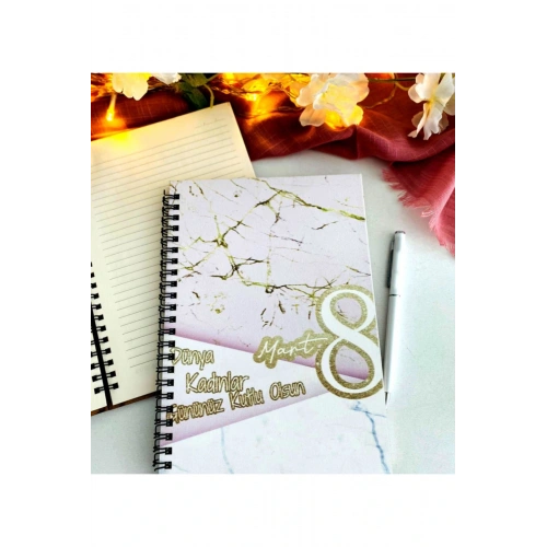 Kadınlar Günü Pembe Gold Mermer Desen Defter Kalem Seti