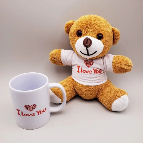 Kahverengi I Love You Tişörtlü Ayıcık ve Baskılı Kupa Seti