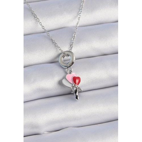Kalp Figürlü Charm Kolye 45 Cm Çelik Gümüş Renk