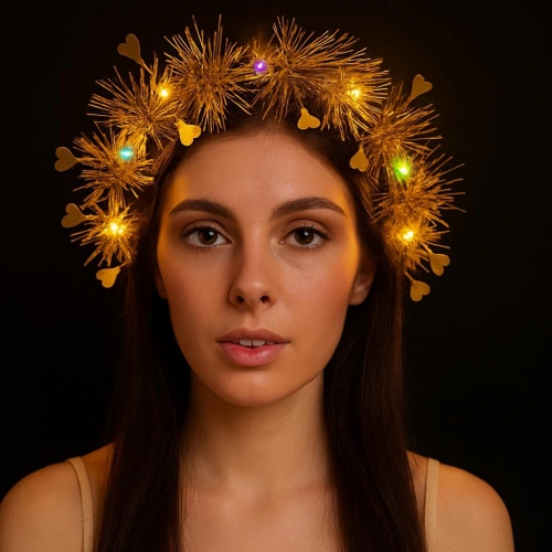 Kalp Püsküllü Gece Parıltısı 3 Modlu LED&apos;li Işıklı Taç Altın Renk (5365)