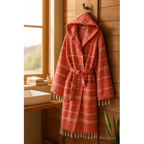 Kapşonlu Çizgili Unisex Banyo Plaj Peştemal Bornozu %100 Pamuklu Linetouch Kiremit