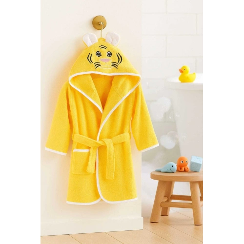 Kapşonlu Unisex %100 Pamuklu Çocuk Banyo Bornozu Tiger