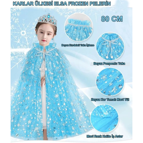Karlar Ülkesi Elsa Frozen Mavi Pelerin – 80 cm Kar Desenli Çocuk Pelerini ( Taç Hariç ) (5365)