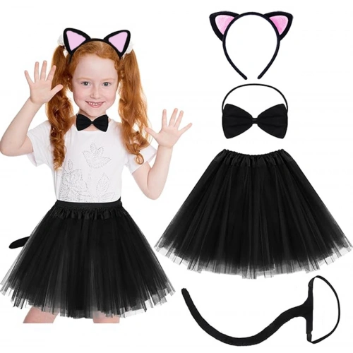 Cat Ear Tiara Skirt Tail and Bow Tie 4-Piece Set for Kids Pink (5365)