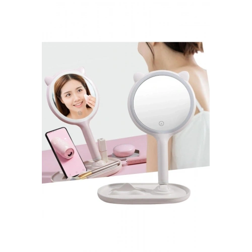 Kedi Kulaklı Telefon Standlı Yuvarlak Dokunmatik Led Ayarlı Masa Üstü Makyaj Aynası