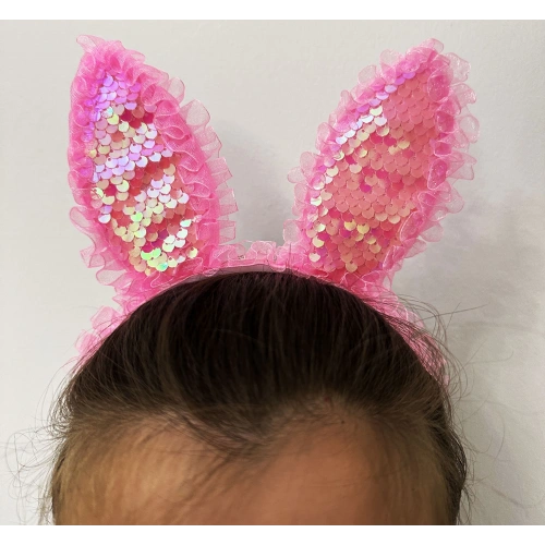 Kenarları Dantelli Pembe Pullu Payetli Led Işıklı Tavşan Kulak Taç 23x19 cm (5365)