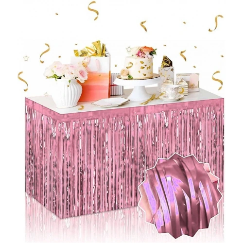 Kendinden Yapışkanlı Rose Gold Metalize Püsküllü Masa Eteği – 75 x 275 cm Parti Süslemesi (5365)