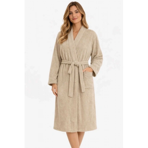 Kimono Yaka Unisex Pamuklu Tek Kişilik Bornoz Bej