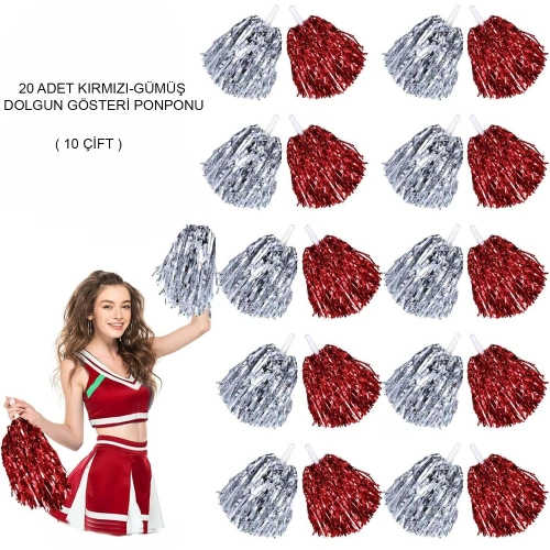 Red Silver Metallic Full Appearance Pom Pom 20 Pieces (10 Pairs) (5365)