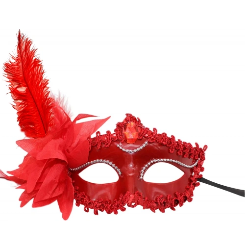 Kırmızı Mat Renk Yandan Tüylü Güllü Parti Balo Venedik Maskesi 16x22 (5365)