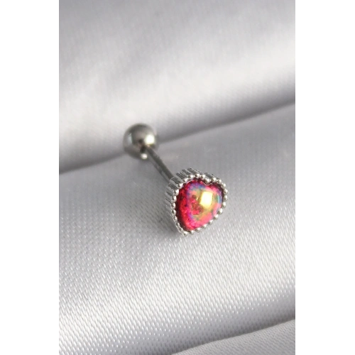 Kırmızı Mineli Çelik Kalp Tragus Piercing 6mm