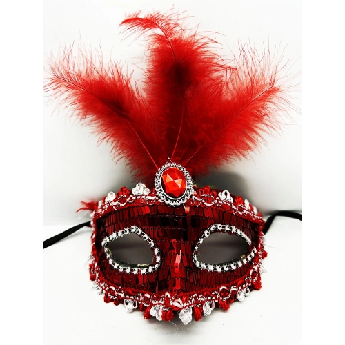 Red Sequined Feathered Party Mask