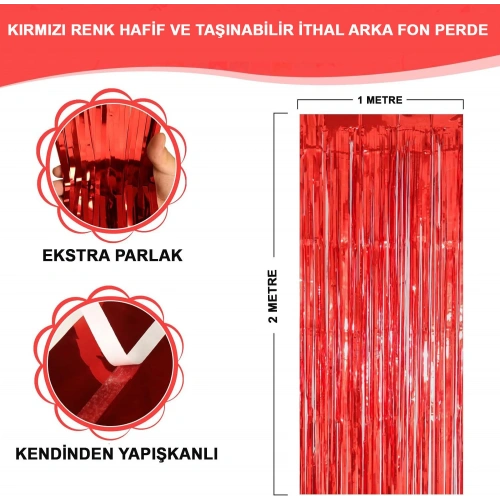 Kırmızı Renk Ekstra Metalize Parlak Saçaklı Arka Fon Perde İthal A Kalite 1x2 Metre (5365)