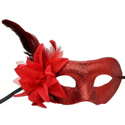 Red Color Shiny Feathered Party Mask