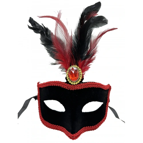 Red Feathered Black Suede Coated Party Mask