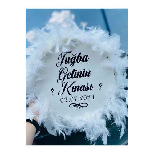 Kişiye Özel Tüylü Kına Gecesi Tefi,beyaz Tüylü Kına Tefi, Gelin Tefi (28 CM)