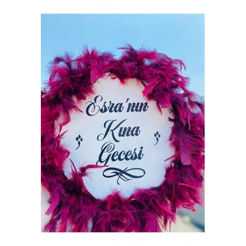 Kişiye Özel Tüylü Kına Gecesi Tefi,bordo Tüylü Gelin Tefi, Kına Tefi (22 CM)