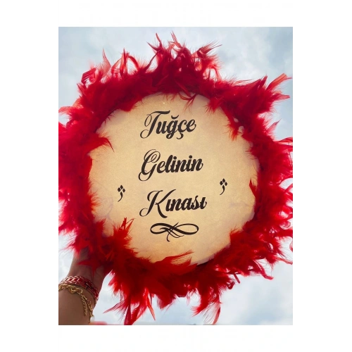 Kişiye Özel Tüylü Kına Gecesi Tefi,kırmızı Tüylü Kına Tefi, Gelin Tefi (28 CM)