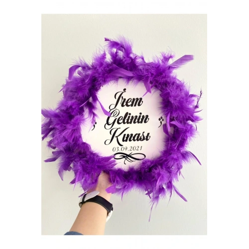 Kişiye Özel Tüylü Kına Gecesi Tefi,mor Tüylü Gelin Tefi, Kına Tefi (22 CM)