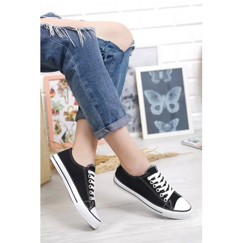 KN103 - Siyah Keten 5 cm Boy Uzatan Sneaker İnce Taban Bt Kısa Siyah