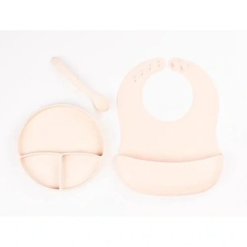 Krem Rengi 3’lü Silikon Yemek Seti – Önlük + Diş Kaşıyıcılı Kaşık + Vakumlu Tabak