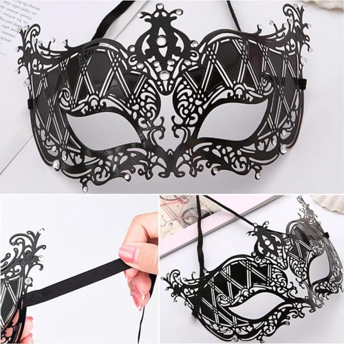 Crystal Silver Stone Black Laser Cut Metal Luxury Mask