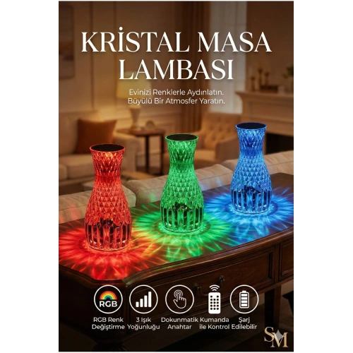 Kristal Masa Lambası Rgb Renk Değiştiren Gece Lambası 16 Renk Ve 4 Mod Dokunmatik Kontrol