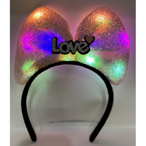 Led Işıklı 3 Farklı Fonksiyonda Yanan Gümüş Love Yazılı Toz Pembe Fiyonk Taç 20X17 cm (5365)