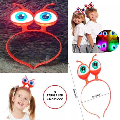 Led Işıklı &amp;amp; Pilli 3 Farklı Modda Yanan Uzaylı Göz Parti Tacı Kırmızı Renk 18x12 cm (5365)