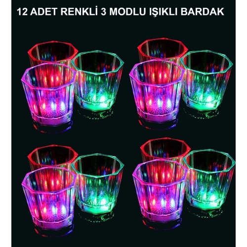 LED Işıklı Eğlence Bardakları - 3 Modlu Renk Değiştiren Bardak 12 Adet (5365)