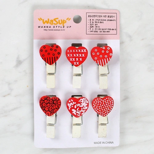 Loren Dekoratif Kırmızı Kalp Desenli Mandal 6lı