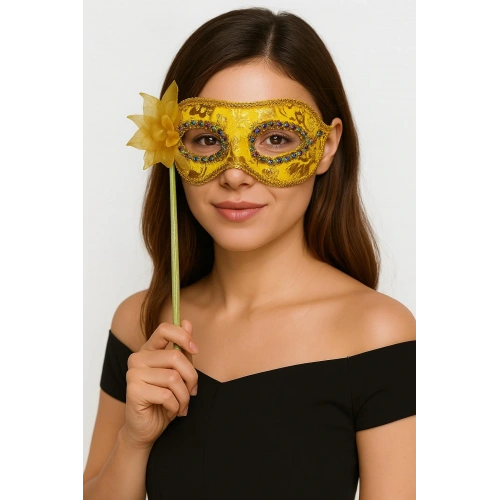 Lüks Taşlı Saplı Maskeli Balo Maskesi Altın Renk 35 cm (5365)