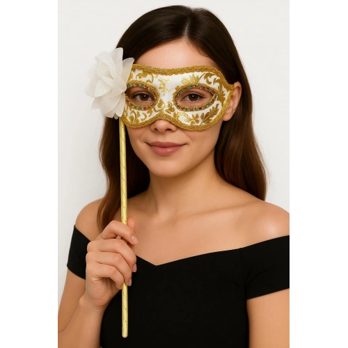 Lüks Taşlı Saplı Maskeli Balo Maskesi Beyaz Renk 35 cm (5365)