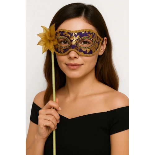 Lüks Taşlı Saplı Maskeli Balo Maskesi Mor Renk 35 cm (5365)